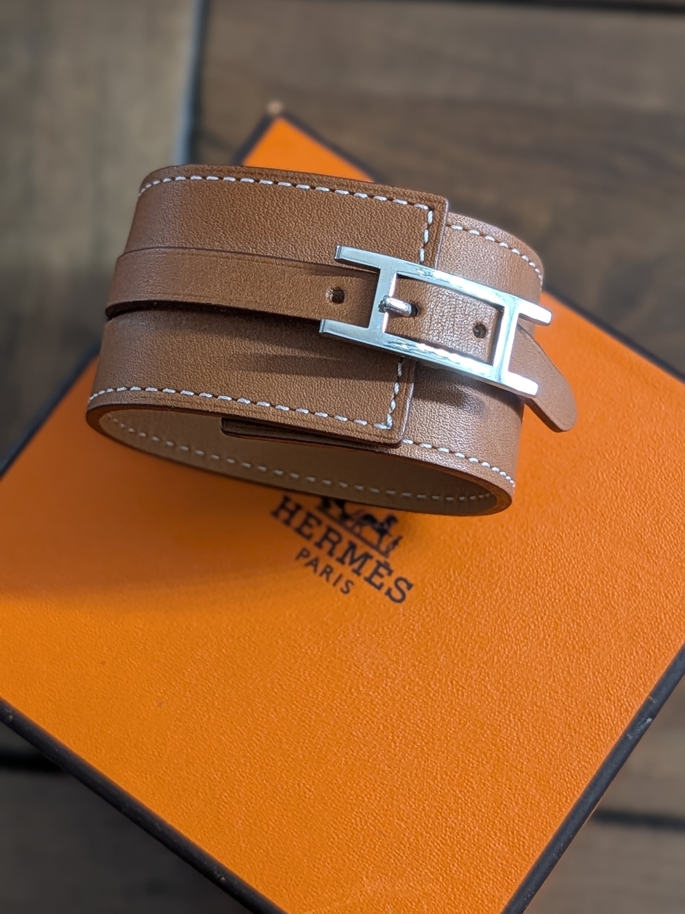 Hermès Tan Leather Stamped Logo Bracelet